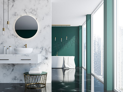 镜子摄影照片_白色大理石和深绿色阁楼浴室与水槽, 圆形镜子和浴缸附近的阁楼窗口。3d 渲染