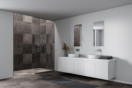 现代浴室的拐角处，有白色的墙壁，铺了瓷砖的地板，舒适的双层水池，有镜子和淋浴间。3d渲染