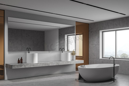阁楼浴室角落，有白色的瓷砖和玻璃墙，混凝土地面，巨大的双层水池矗立在石架上，有巨大的水平面镜子和舒适的浴缸。3d渲染