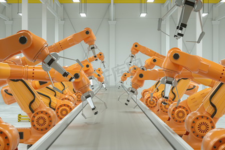 自动装配线。橙色机械臂机械手，带有空传送带。技术概念，未来。3D渲染，3D插图，复制空间