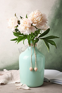 花序摄影照片_与美丽的牡丹花，桌上的花瓶