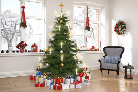 3d 渲染一个北欧的客厅与圣诞树
