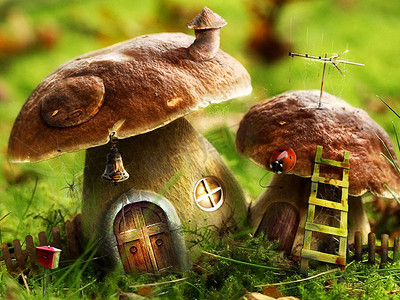 小小的工位摄影照片_幻想蘑菇房子