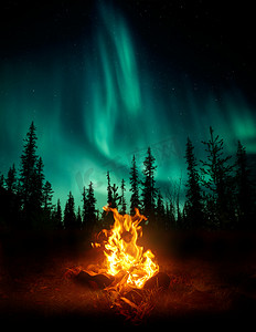 在荒野中, 一片温暖而温馨的篝火旁, 绿树成荫, 星星和北极光照亮夜空。照片合成.