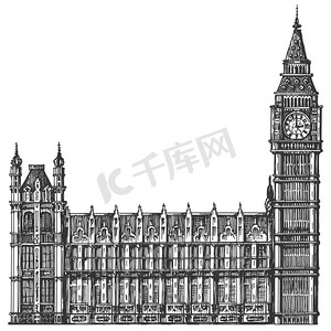 摄影照片_英国，伦敦。在白色背景上的大本钟。素描