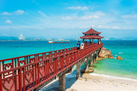 Scenic view of Lover's Bridge in Wuzhizhou Island. Sanya Chinese Resort for summer vacation. Popular tourism destination in China. Haitang Bay. Hainan Island, Sanya city.