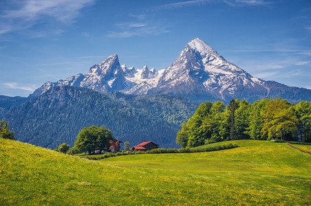 瑞士风光摄影照片_田园高山景观与绿油油的草地，农舍和白雪皑皑的山顶