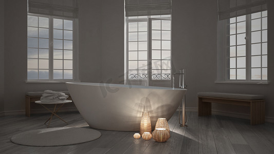 里面一个极简主义的浴室，spa 禅室内灯光的照明的蜡烛