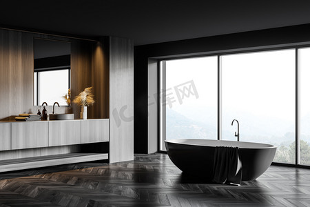 现代全景浴室的角落，有灰暗的木制墙壁、木制地板、舒适的灰色浴缸和带有垂直镜子的圆形水池。山景朦胧的窗户.3d渲染