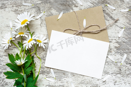 风中的花瓣摄影照片_空白白色贺卡和信封与白色甘菊花教师节