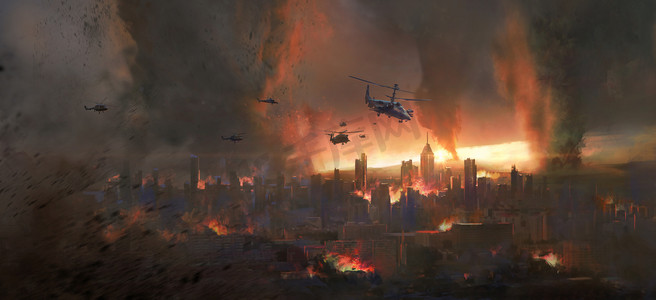 在龙卷风中的城市，世界末日的场景，数码绘画.
