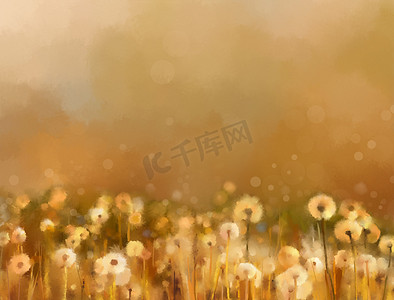 油画纹理摄影照片_抽象油画。老式的蒲公英花，在草地上.