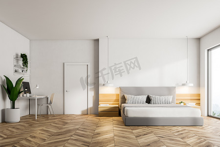 现代卧室的内部有白色的墙壁, 一层木地板, 一张双人床和一台电脑的家庭办公室。3d 渲染模拟