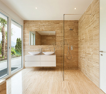 浴室玻璃摄影照片_漂亮的现代浴室, 大理石墙