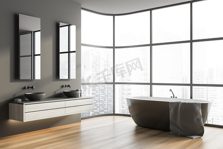 全景浴室的拐角处，有灰色的墙壁、木制的地板、舒适的浴缸和带有镜子的双层水池。3d渲染