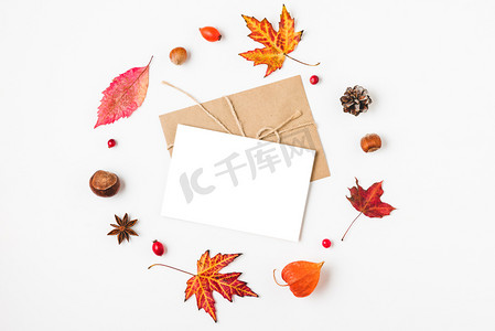 秋天的作文。用秋天的叶子、花、坚果、浆果在白色背景上制成的空白花环贺卡。平面布局，带有复制空间的顶部视图