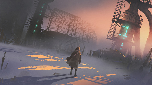 男子看着废弃的工厂在一个寒冷的冬天早晨, 风格, 插图画