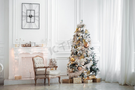 圣诞节的树摄影照片_经典的白色圣诞内政