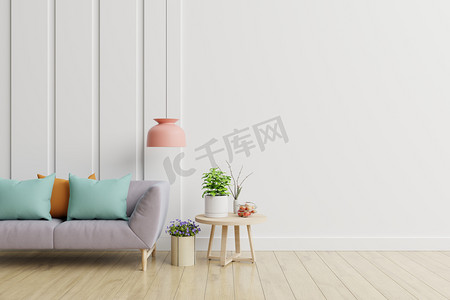 欧式木制墙体摄影照片_现代室内，木制桌子上有植物和沙发，3D渲染