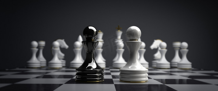 游戏摄影照片_黑色 vs 白光象棋棋子背景 3d 图。高分辨率
