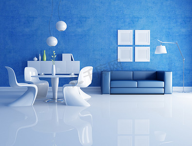 steel摄影照片_Blue and white dining room