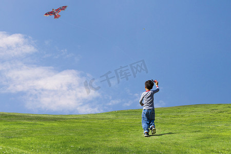 放燕子风筝摄影照片_放风筝的男孩摄影图配图