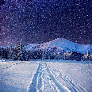 摄影照片_冬天下雪的夜晚星空