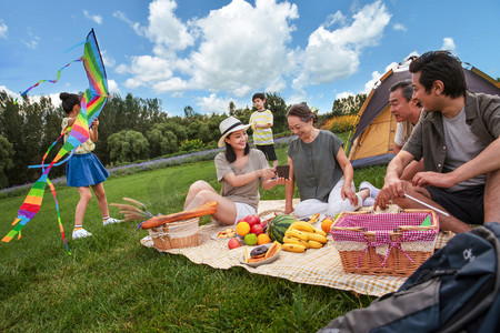 矢量竹编篮子摄影照片_快乐的一家人在郊外野餐