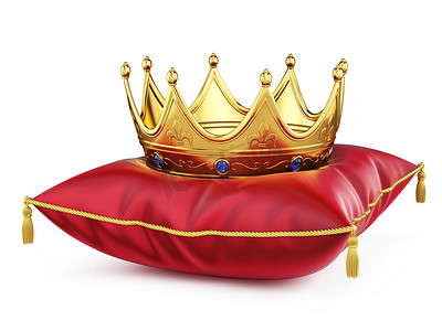 皇室成员摄影照片_红色枕头上的皇家金王冠被白色隔开。3d 渲染
