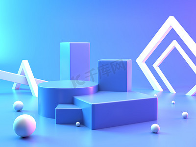 几何形状摄影照片_背景3D蓝色渲染最小抽象背景3D渲染抽象几何形状粉刷。现代立方体产品的舞台.
