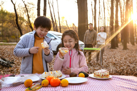 三明治图片摄影照片_幸福家庭在户外野餐
