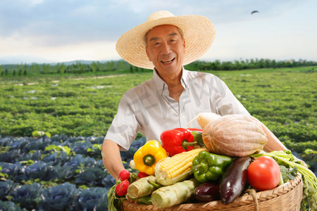 亚洲摄影照片_农民在田头拿着一筐蔬菜
