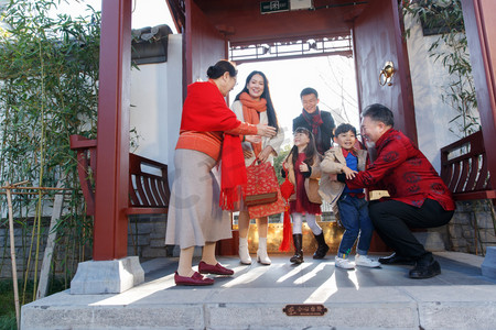 北京庙会摄影照片_幸福的祖孙三人逛庙会
