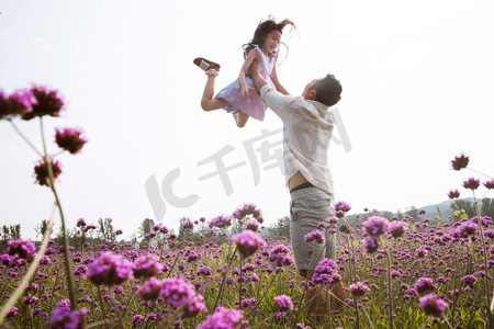 女孩抱着花摄影照片_父亲抱着女儿在花丛中玩耍