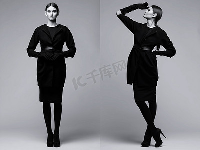女士穿裙子摄影照片_优雅的女人，穿件黑色大衣的两个图像。工作室拍摄