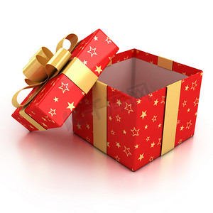 在白色背景用金丝带打开红色礼品盒