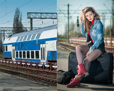 性感迷人的女孩，红头靴在火车站台上摆姿势。金发女人，蓝色牛仔裤夹克坐在等候火车的手提箱。复古风格的女性，在火车站