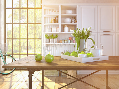 新鲜的白色郁金香，厨房背景