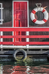 Old Wooden Red Painted Raft Hut On Sava River - Detail