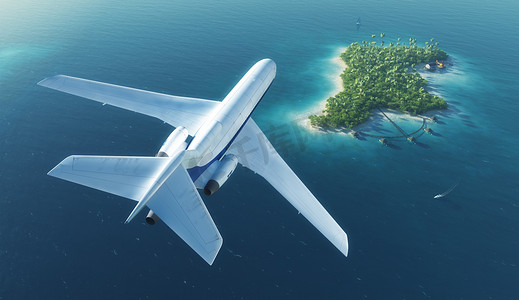 大型客运飞机飞过天堂的热带小岛