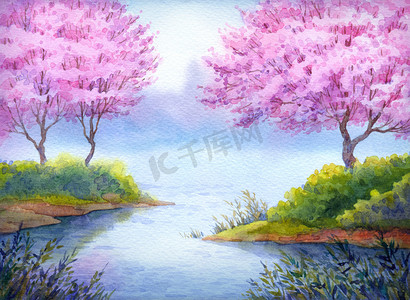 春天的水彩风景。开花的树湖