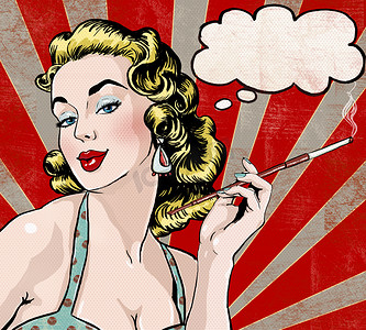 一封请柬摄影照片_波普艺术插图的气泡与香烟的女人。波普艺术的女孩。聚会的请柬。生日贺卡.