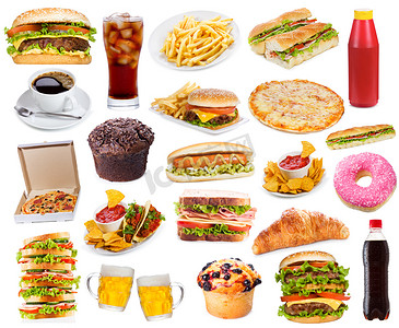 蔬菜饼汉堡摄影照片_设置与快餐食品的产品