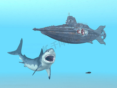 大白鲨摄影照片_大白鲨和幻想潜艇