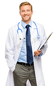joven摄影照片_相信年轻的医生在白色背景上的肖像