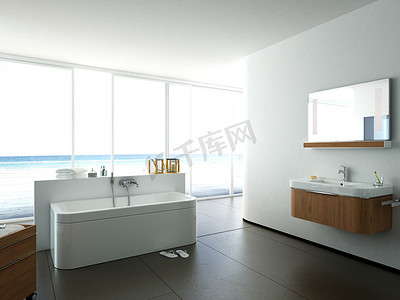 视图的宽敞典雅的浴室，一间公寓里。3d 渲染