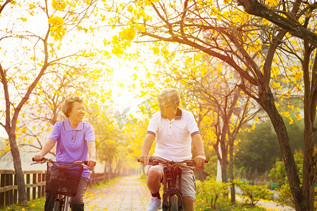 快乐的老夫妇在公园骑自行车