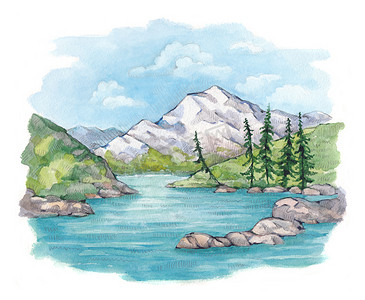 卡通天空摄影照片_湖和山的水彩插图