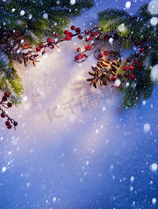 蓝色雪圣诞背景，冷杉分支的帧
