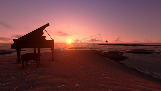 阳光沙滩摄影照片_在沙滩上的钢琴